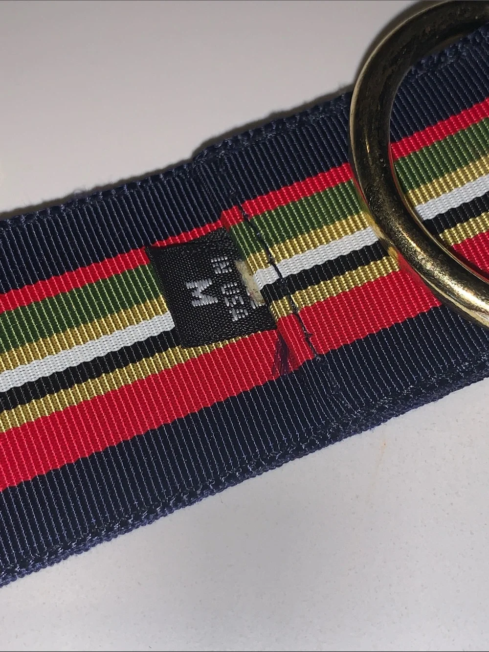 FH WADSWORTH Striped Navy Multicolor Webbing Belt with Gold O-Ring